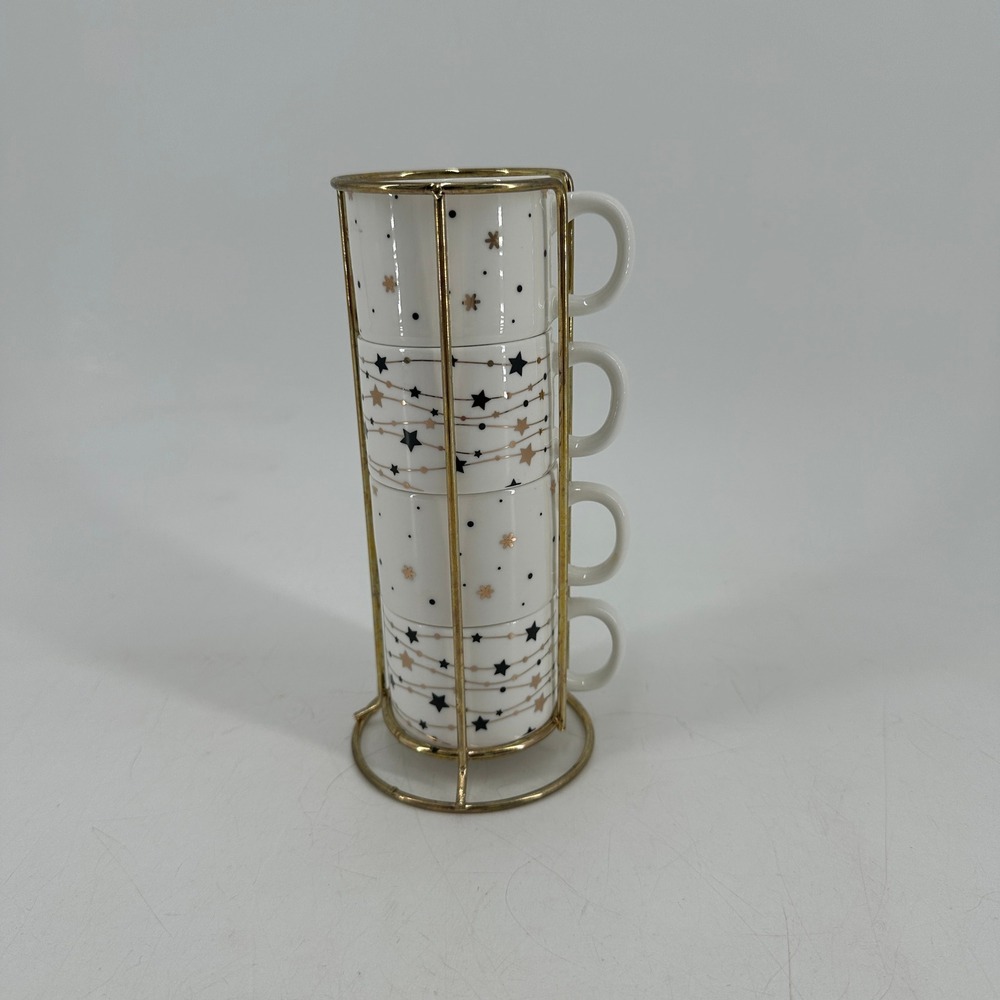 Frankie Grey Stacking Espresso Cup Set 4 Ceramic Mugs Gold Star Rack White Gold